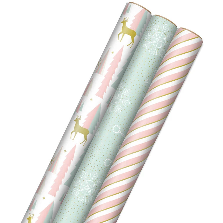 Hallmark Pink And Mint Assorted 3-Pack Christmas Wrapping Paper, 120 Sq. Ft. 3 Hallmark Pink And Mint Assorted 3-Pack Christmas Wrapping Paper, 120 Sq. Ft.