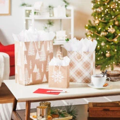 Hallmark Christmas Kraft 8-Pack Holiday Gift Bags, Assorted Sizes And Designs -Hallmark White on Kraft Paper Assortment Christmas Gift Bags 5XGB1417 02